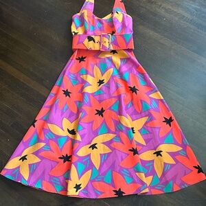 Vibrant Geometric Floral Sleeveless Halter Sundress Resort tropical vibes M